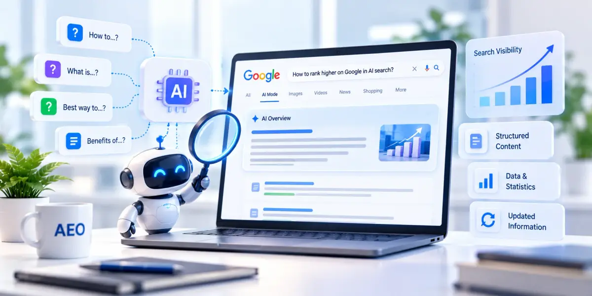 AI robot with a magnifying glass inspecting a Google AI Overview search result, surrounded by question prompts and search visibility charts