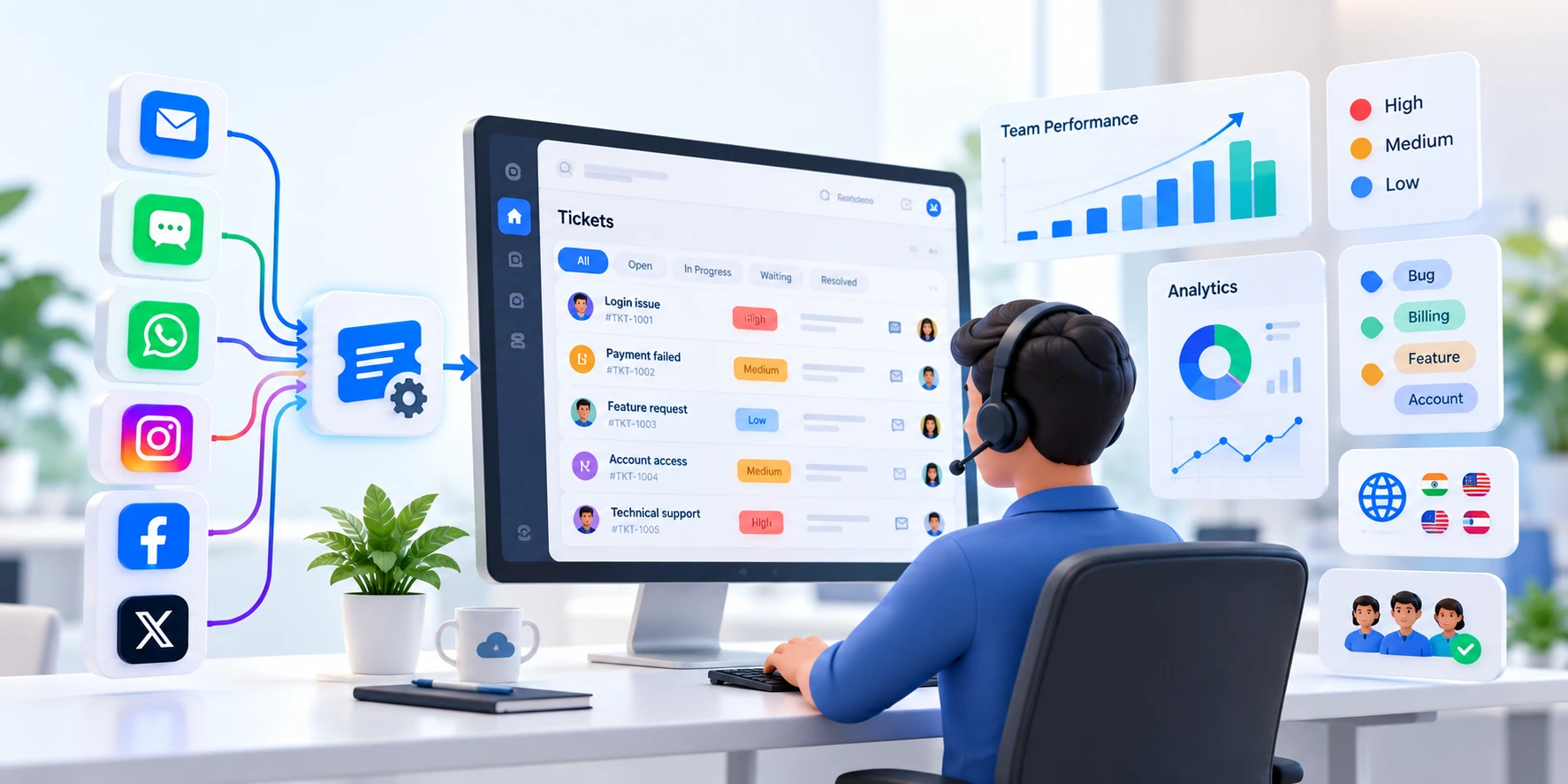Ticket management dashboard bringing support requests from email, chat and social channels into one place