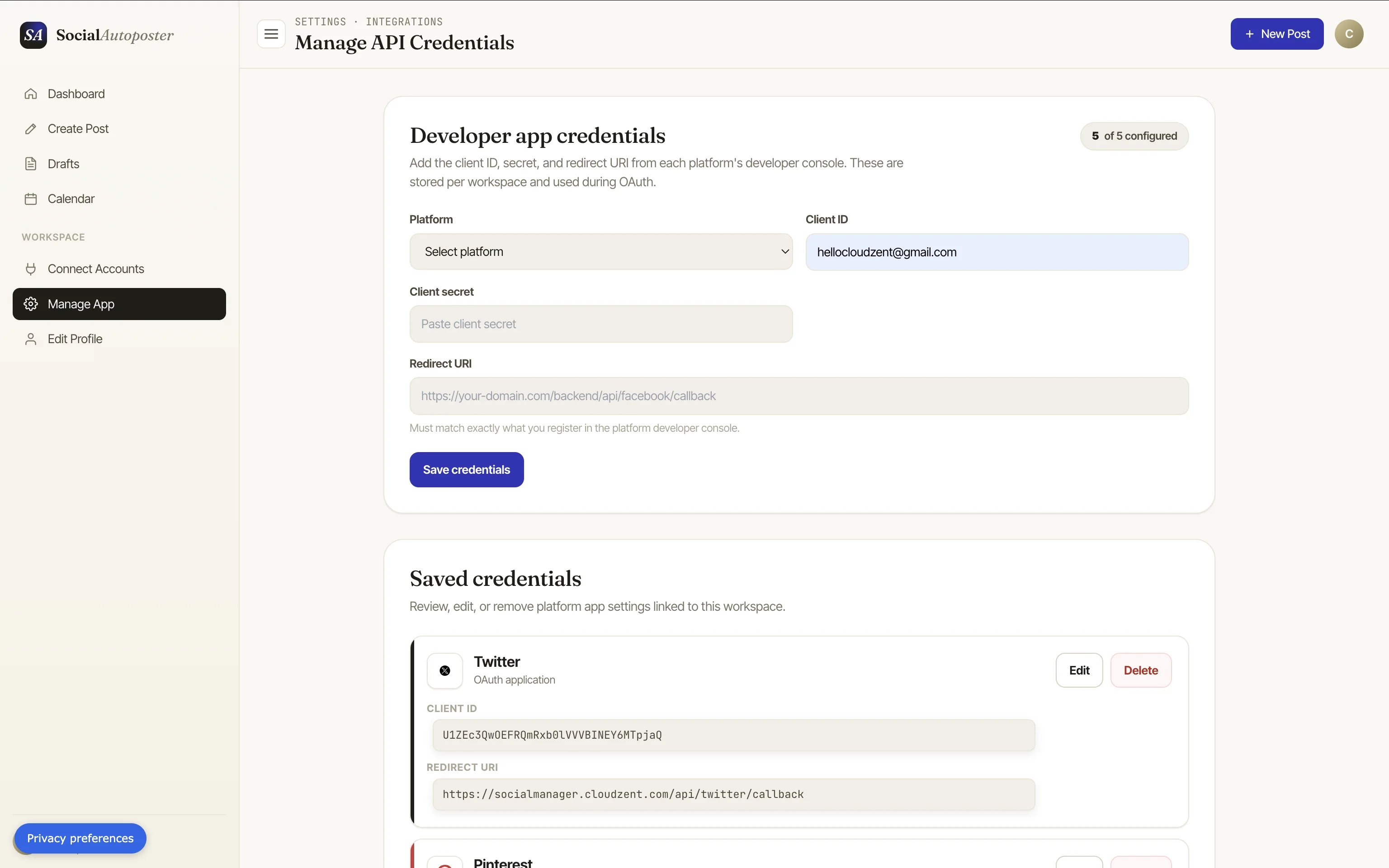 Social platform API credentials management screen