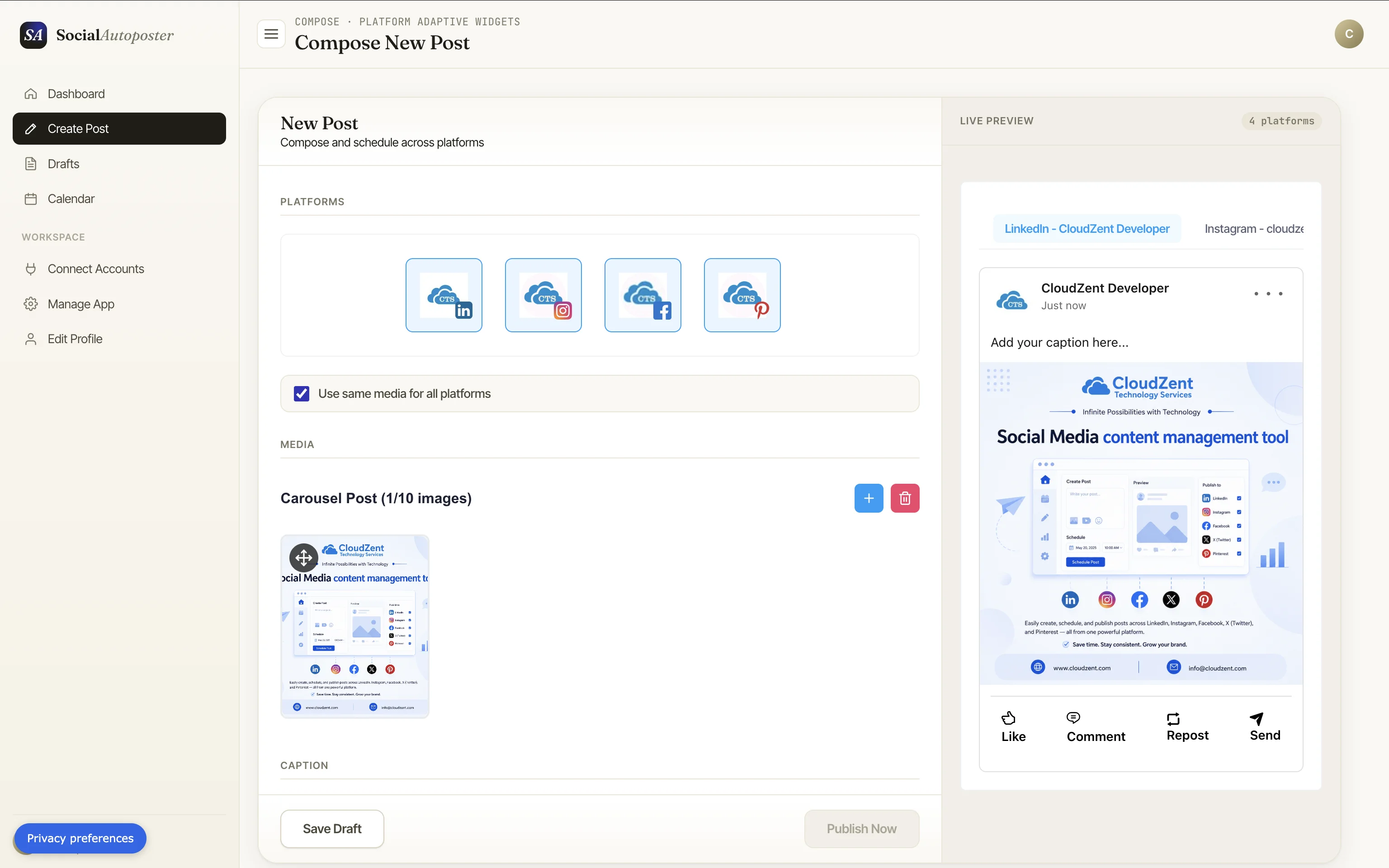 Multi-platform social post composer with live preview