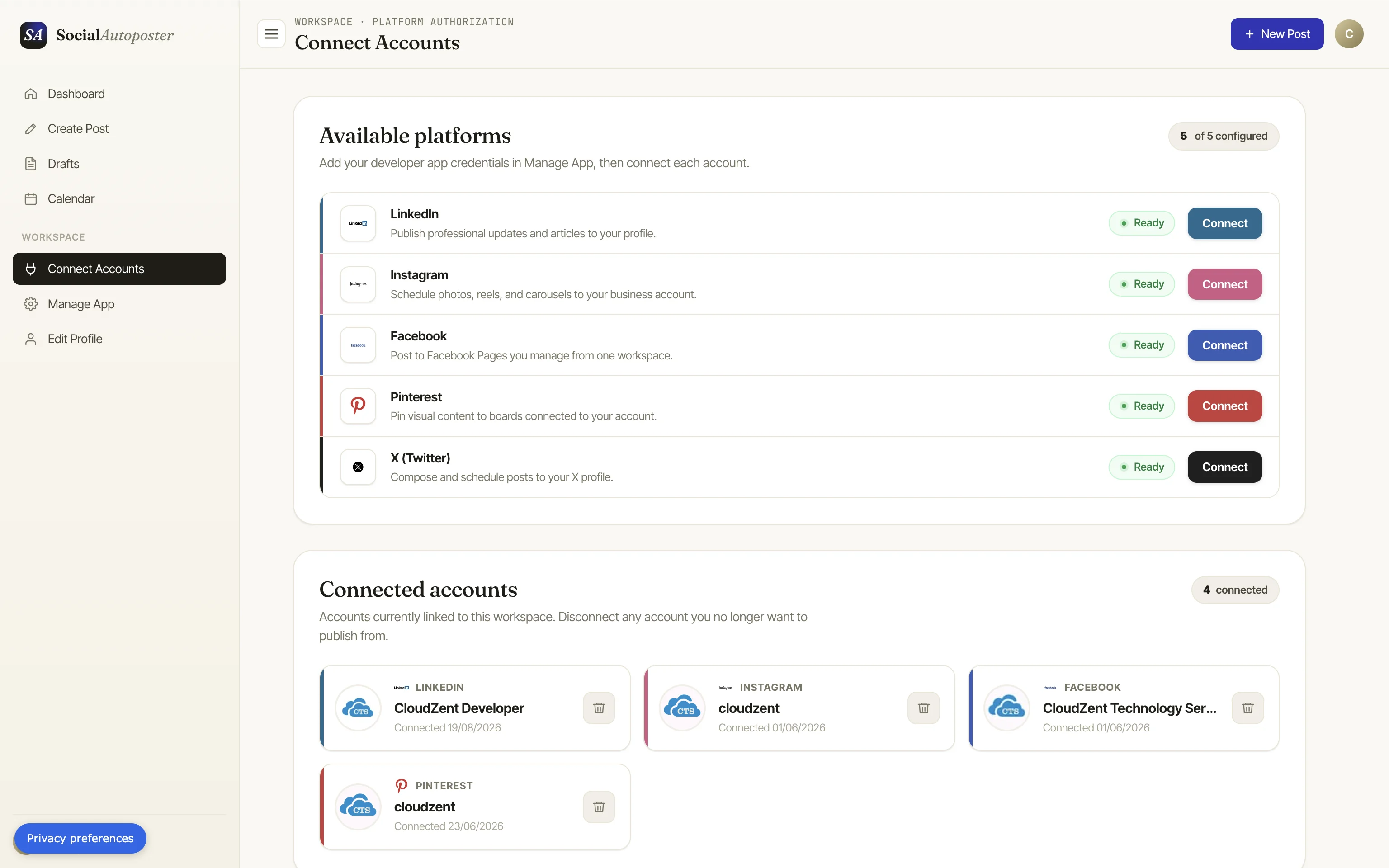Social Media Poster account connection workspace