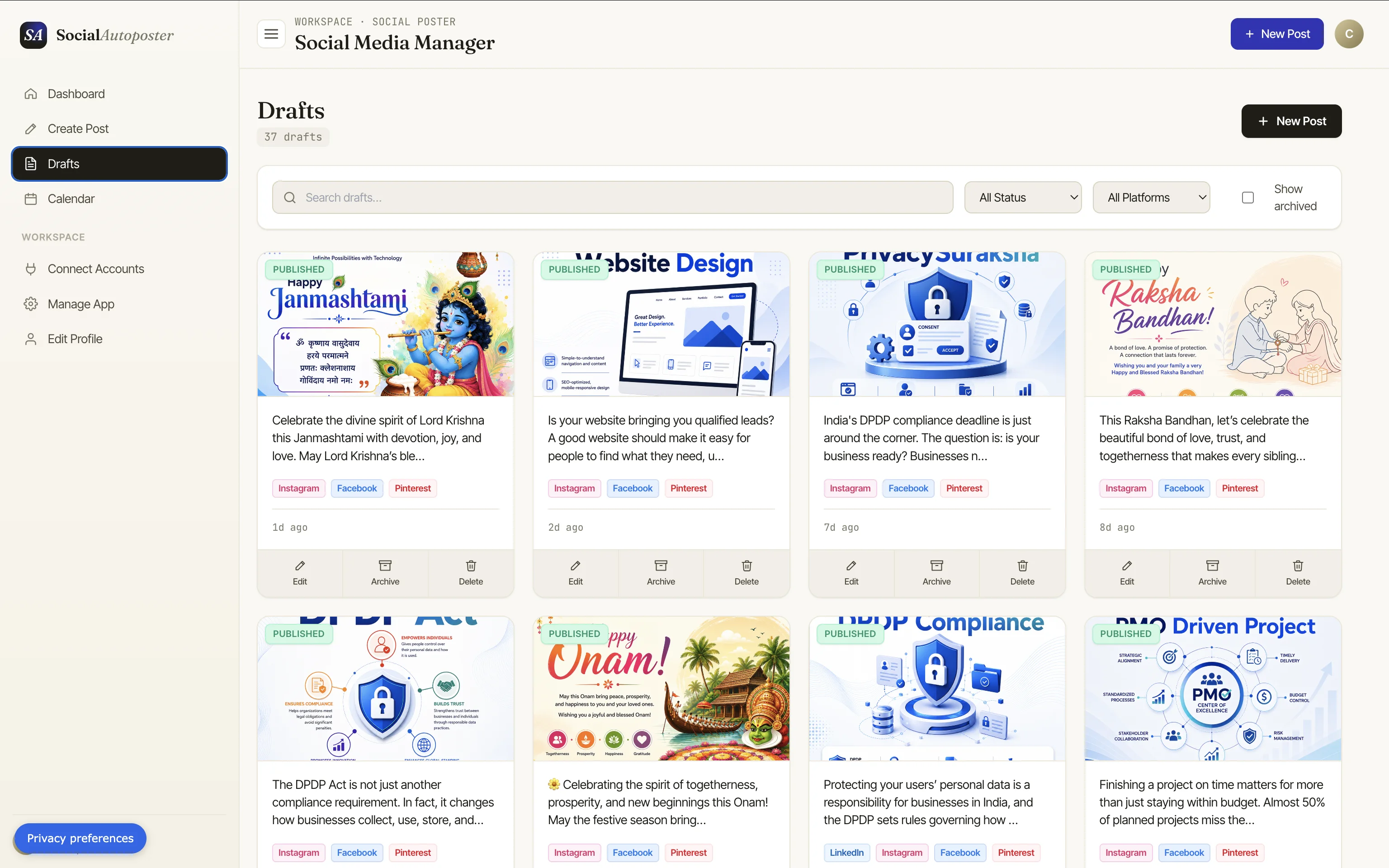 Searchable social post drafts library