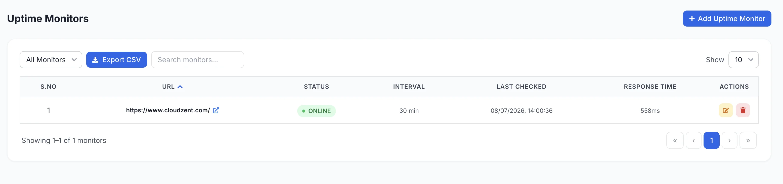 Uptime monitor table with status and response time